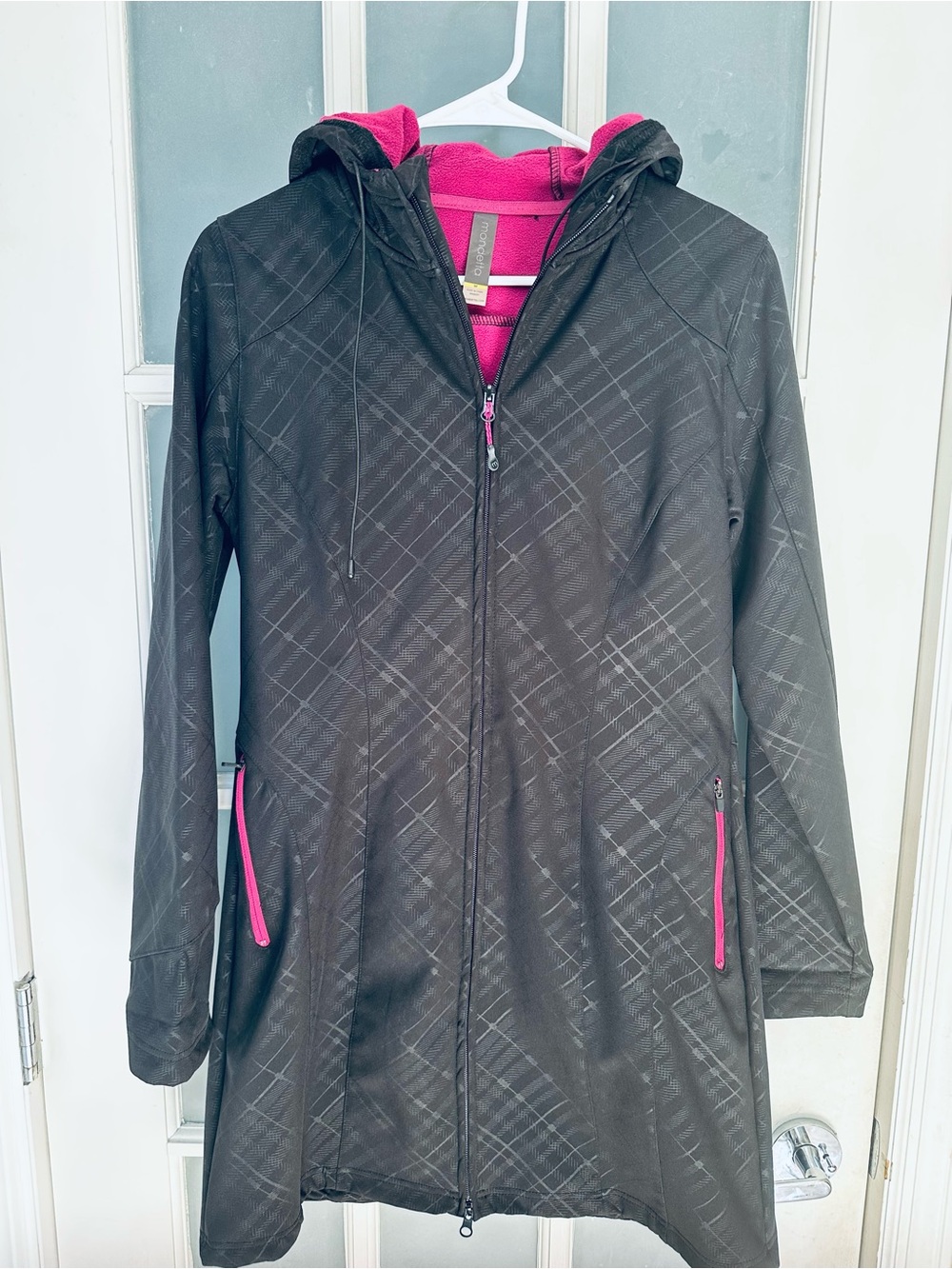 Mondetta Patterened Black Jacket with Pink Trim - Hooded Zip-Front Coat